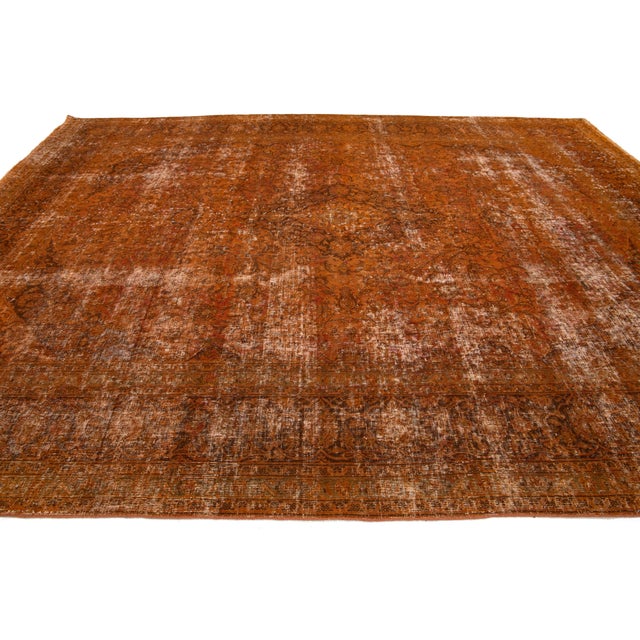 Antique Persian Overdyed Wool Rug in Orange With Floral Design For Sale - Image 4 of 11