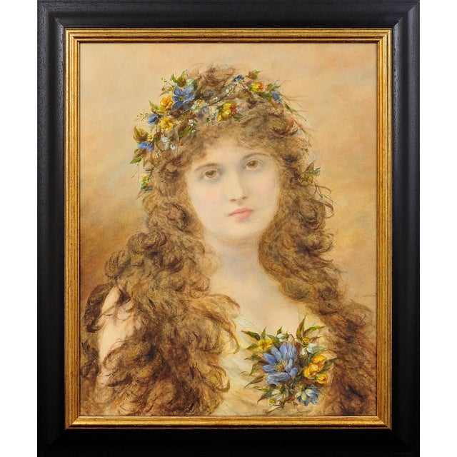 Alice Anne Renshaw, Portrait of a Young Lady with Springtime Flowers in Her Curls, Watercolour & Gouache, 1800s For Sale