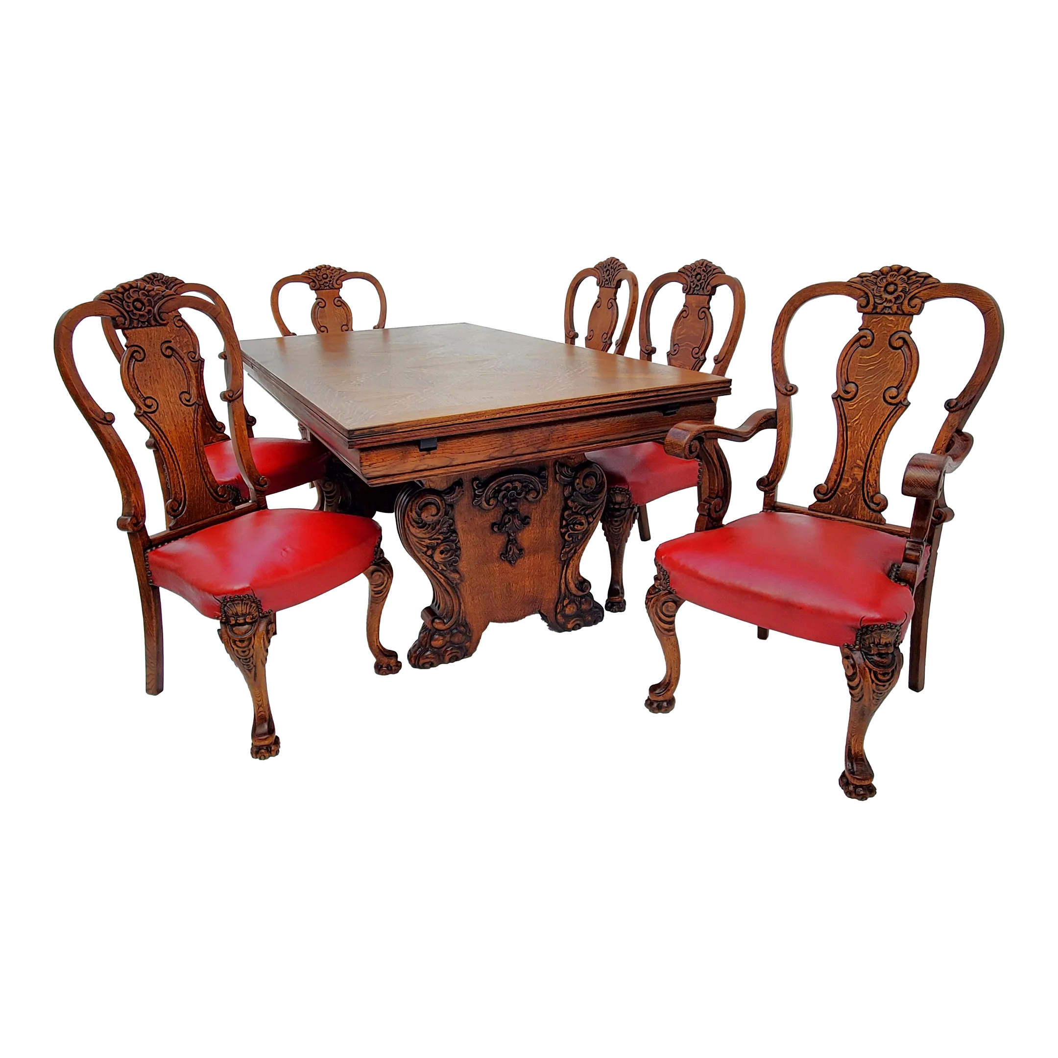 1920s Antique Chippendale Ornately Carved Oak Draw Leaf Table & 6