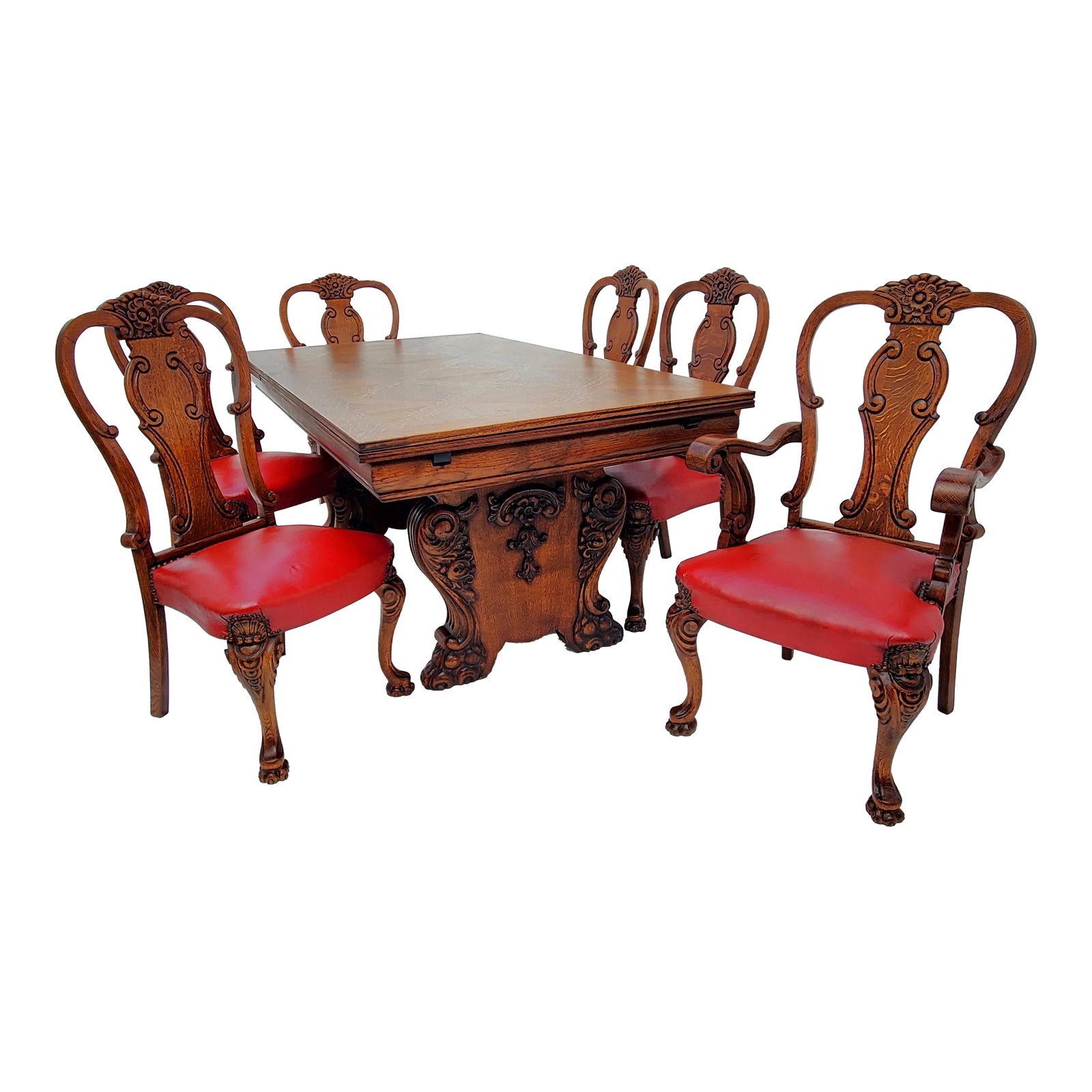 1920s Antique Chippendale Ornately Carved Oak Draw Leaf