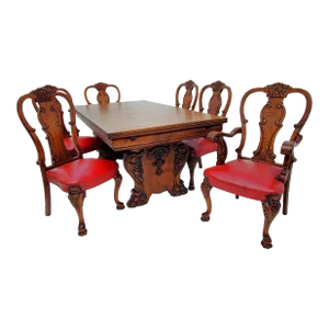 1920s Antique Chippendale Ornately Carved Oak Draw Leaf Table & 6 Dining Chairs Set
