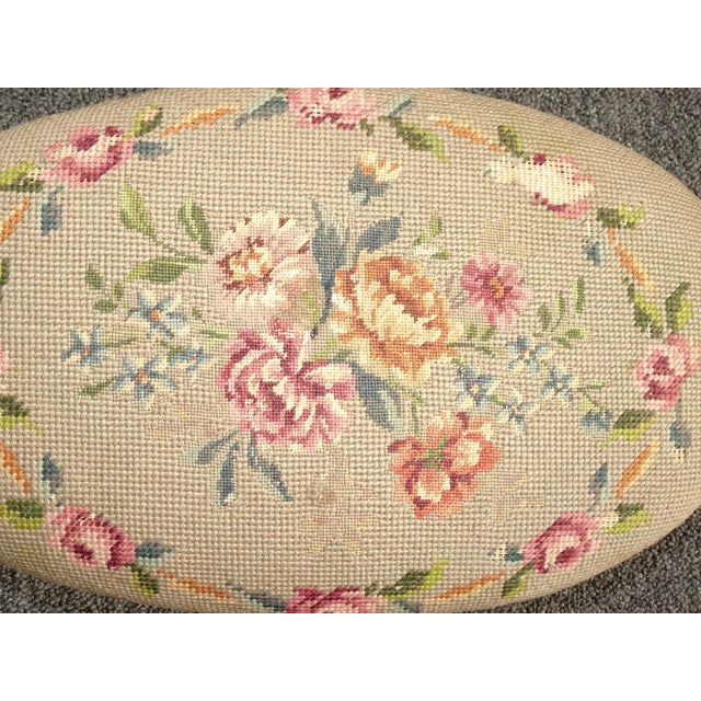 Vintage French Country Tan Needlepoint Floral Tapestry on Oak Turned Legs For Sale - Image 9 of 13