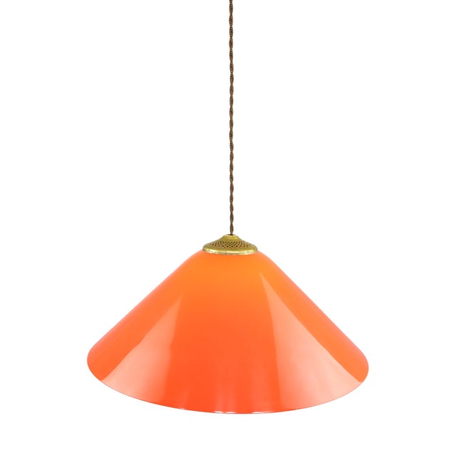 Mid-Century Italian Orange Acrylic Glass and Brass Pendant Lamp from Guzzini, 1960s For Sale