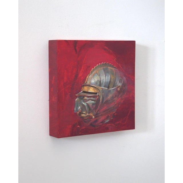 Contemporary Transfiguration by Elena Burykina | Oil on panel Still life of a metallic helmet on a red background For Sale - Image 3 of 5
