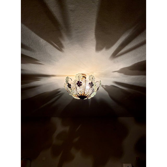 Vintage Italian Hand-Painted Sage Green Glass & Brass Floral Flush Mount Chandelier For Sale - Image 14 of 18