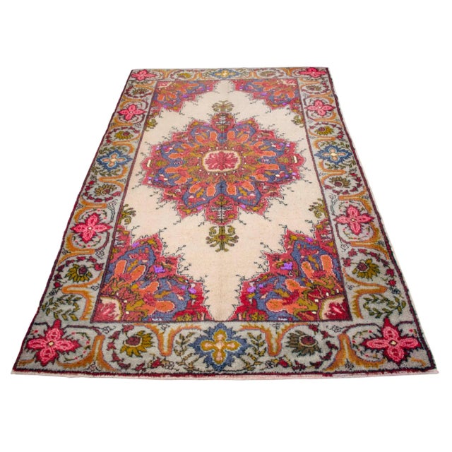 1970s Vintage Hand Knotted Colorful Turkish Rug - 4′11″ × 8′8″ For Sale - Image 6 of 12