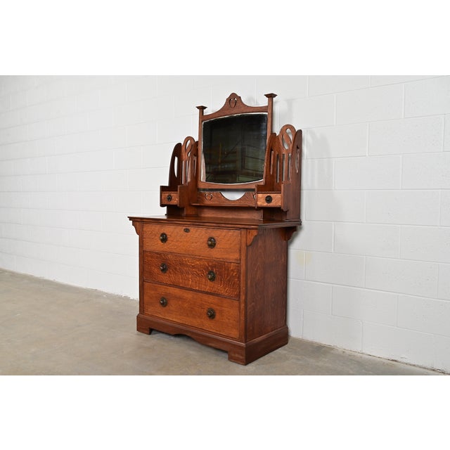 English Liberty & Co. Antique English Mission Oak Arts & Crafts Vanity Dresser With Mirror, Circa 1900 For Sale - Image 3 of 15