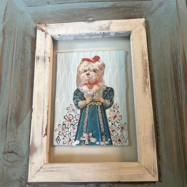 Contemporary original folk art dog collage / painting by Judy Henn. Signed with monogram. Overall measures 7x8.5. Check...
