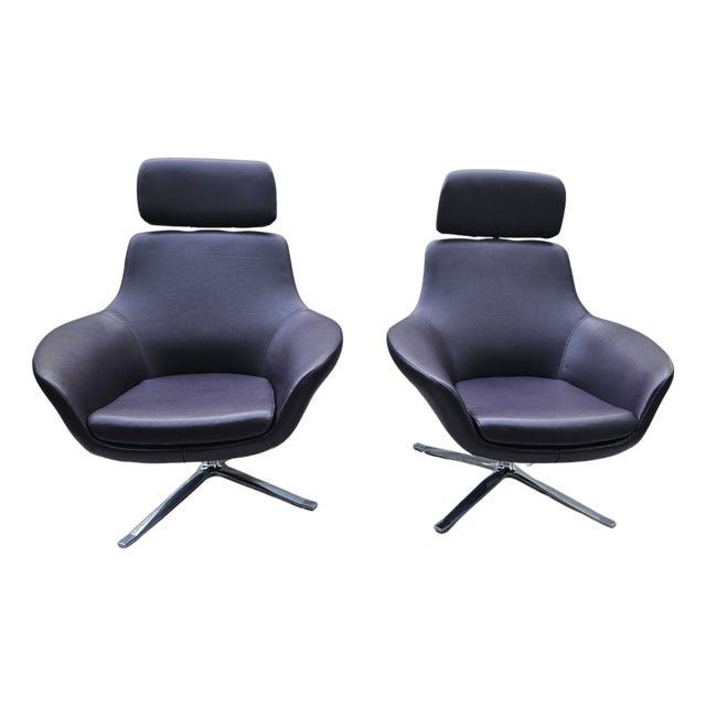 Coalesse by Steelcase Leather Swivel Lounge Chairs - Pair For Sale
