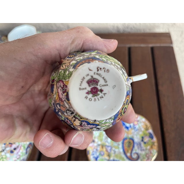 1950s Vintage English Bone China Rosina Flower & Paisley Pattern Teapot With 6 Cups and Saucers For Sale - Image 5 of 8