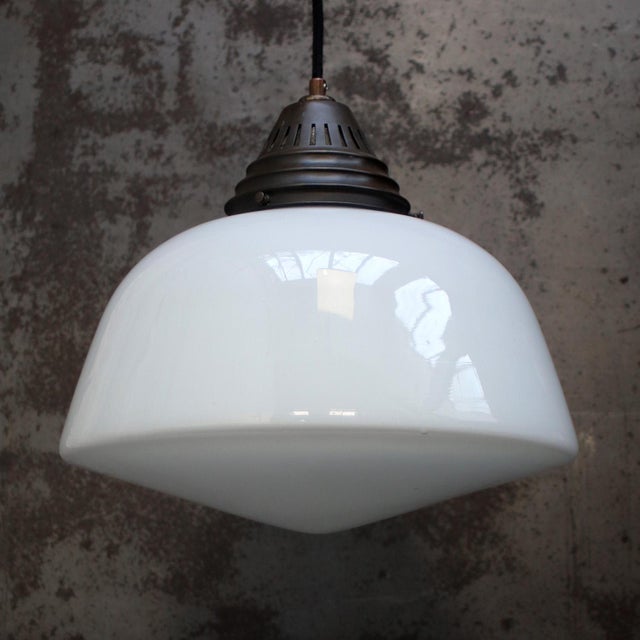 Metal Art Deco White Opaline Glass Pendant Light, 1920s For Sale - Image 7 of 8