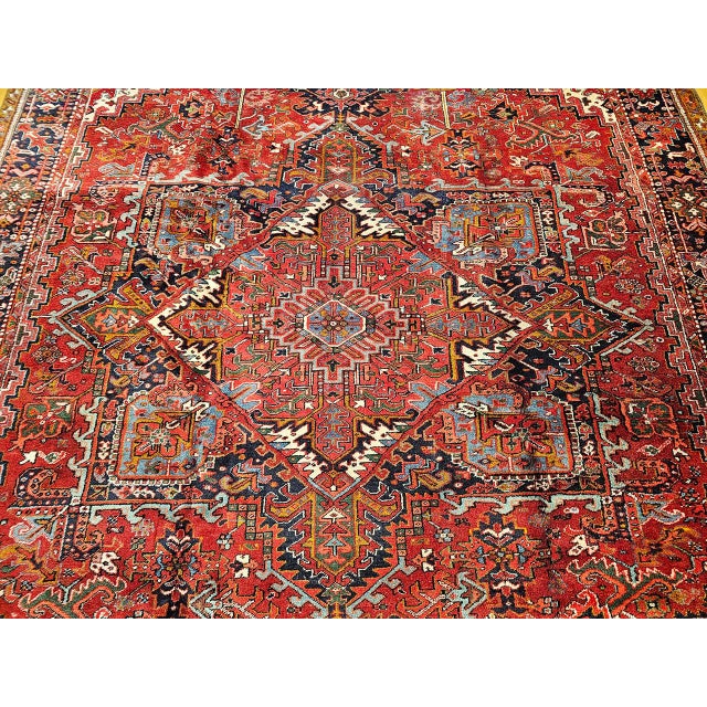Vintage Oversized Persian Heriz Rug, Hand-Knotted Wool, Geometric Pattern, Red & Navy, 12x16 For Sale - Image 4 of 10