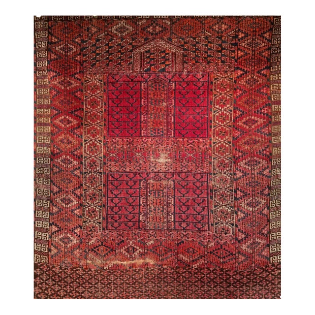 Near Square Size Vintage Turkmen Tekke Ensi in Prayer Pattern in Red, Navy, Ivory, Blue For Sale