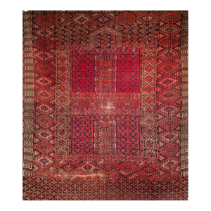 Near Square Size Vintage Turkmen Tekke Ensi in Prayer Pattern in Red, Navy, Ivory, Blue