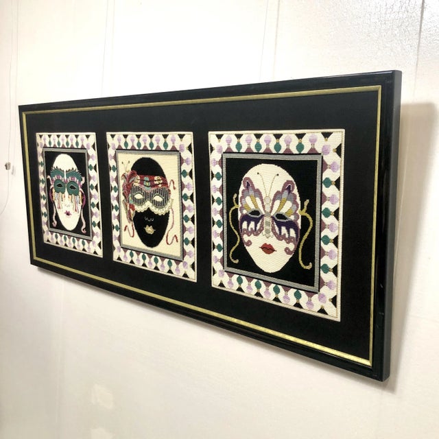 Textile Long 1980s Needlepoint Textile Wall Art | Mardi Gras Carnival Masks For Sale - Image 7 of 10