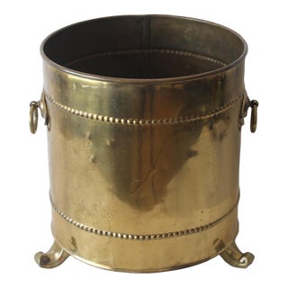 Vintage English Regency Style Large Drum Brass Planter With Hoop Handles Footed For Sale