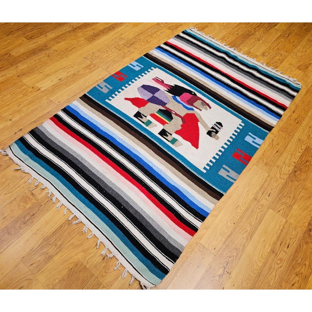 Textile Vintage Southwestern Pictorial Kilim Rug, Handwoven Aztec Design, Blue & Ivory, 4x8 For Sale - Image 7 of 8