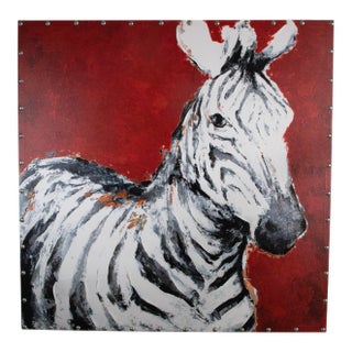 Contemporary Zebra Portrait – Embellished Giclée on Canvas, 48" X 48" For Sale