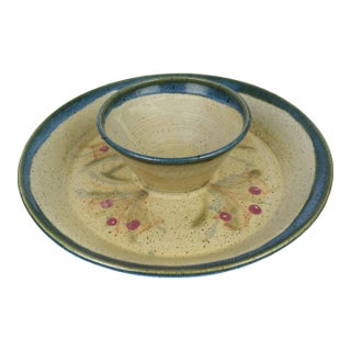 Late 20th Century Handmade Studio Russellwood Pottery Chip & Dip /Shrimp Cocktail Serving Dish For Sale