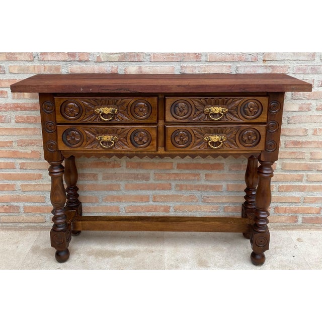 Wood Early 20th Century Spanish Carved Console Table with Four Drawers, 1930s For Sale - Image 7 of 18