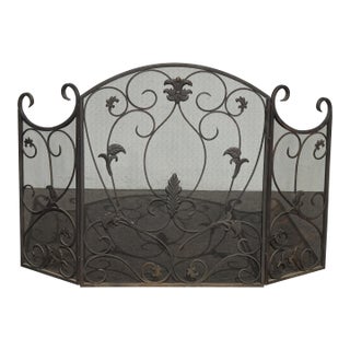 Vintage Black Fireplace Screen W Mesh Backing & Leaf Decor - French Country For Sale