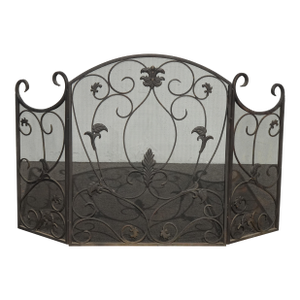 Vintage Black Fireplace Screen W Mesh Backing & Leaf Decor - French Country