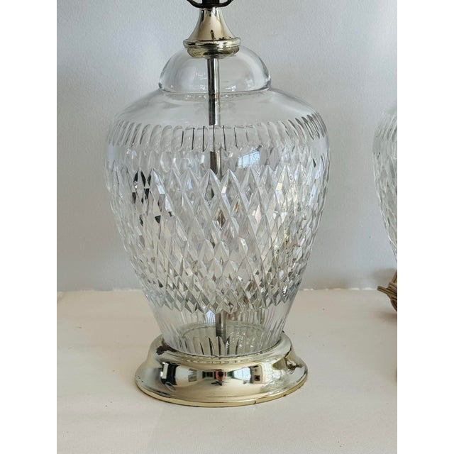 American Vintage 1970s Diamond Pattern Lead Crystal Table Lamps, a Pair For Sale - Image 3 of 11
