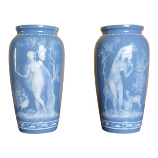 Pair of Antique Limoges Pâte-Sur-Pâte Blue Porcelain Vases For Sale