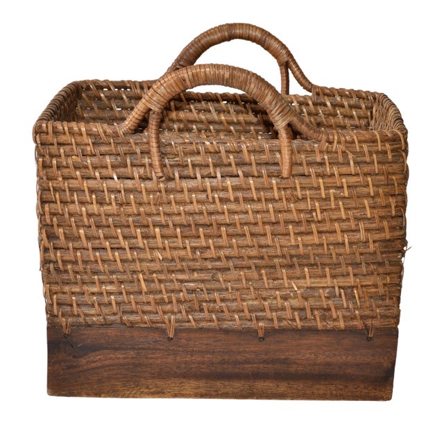 1970s Handmade Wood Reed Split Oak Firewood Basket Holder Woven Handles For Sale