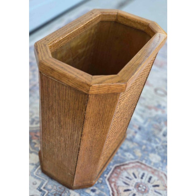 This handcrafted oak and woven sisal wastebasket was made in the 50's for the MCM design era but still looks new and...