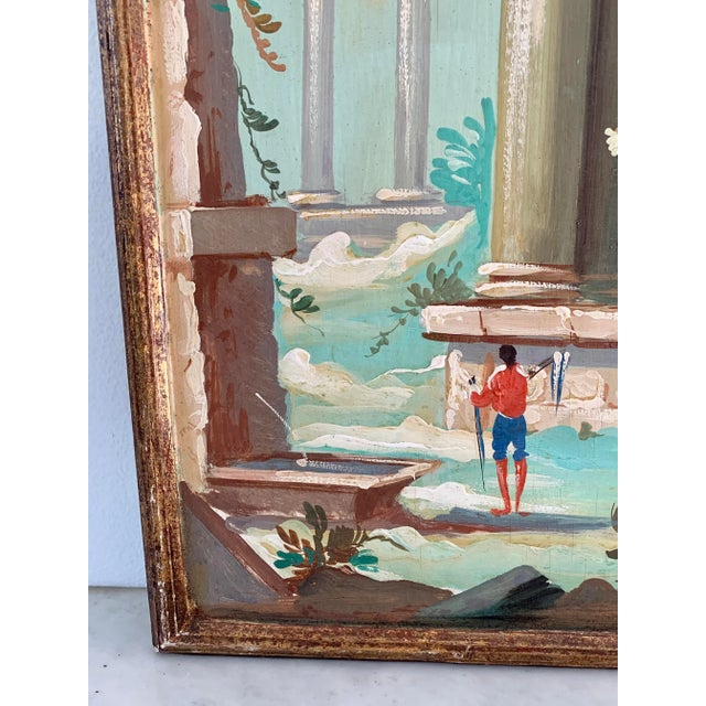 Antique Grand Tour Italian Capriccio Framed Oil on Board Paintings of a Landscape With Ruins, Pair For Sale - Image 11 of 13