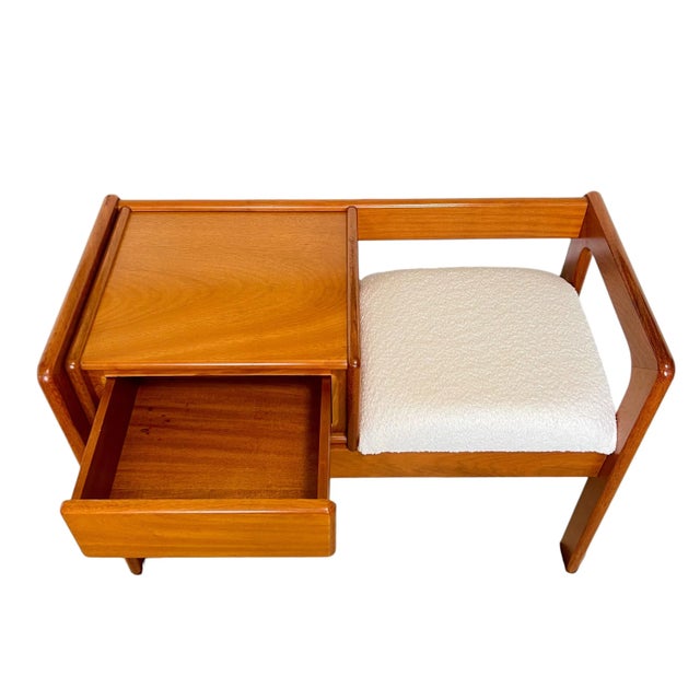 1980s Mid-Century Modern Teak Telephone Bench With Alabaster Boucle, 1980s For Sale - Image 5 of 11