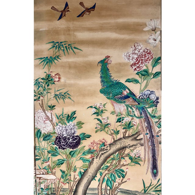 Chinese Export Six Panel Screen Circa 1920s, Hand-Painted Chinoiserie Garden With Birds For Sale - Image 16 of 16
