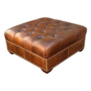 1990s Hancock & Moore Tufted Whiskey Brown Chesterfield Style Square Ottoman Coffee Table For Sale