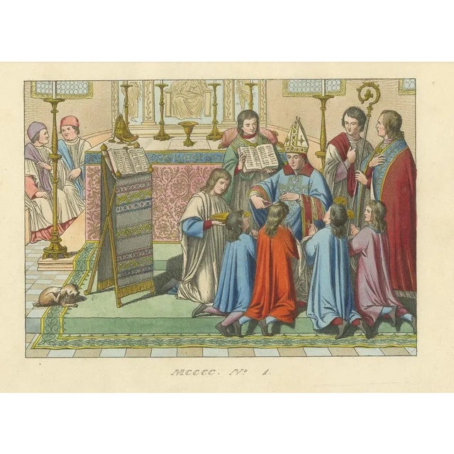 Medieval Church Ceremony with Clergy and Choirboys, Richly Detailed Engraving : This vivid hand-colored engraving from the...