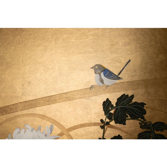 Wood "Tit and Chrysanthemums", 1970s Shōwa Era Japanese Byobu Screen For Sale - Image 7 of 18