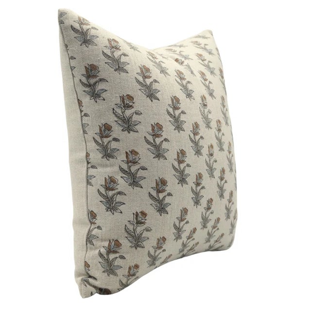 Rustic Floral Block Printed Thick Linen Pillow Cover 14x20 Inch- Coastal Tulip For Sale - Image 3 of 4