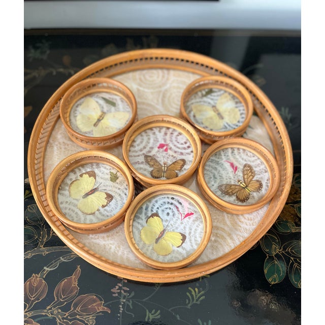 1960s 1960s Bamboo Pressed Butterfly Cocktail Tray and Coaster Set-7 Pieces For Sale - Image 5 of 9