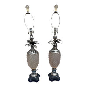 1990s Mid-Century Modern Faux Cut Crystal and Metal Pineapple Table Lamps - Set of 2