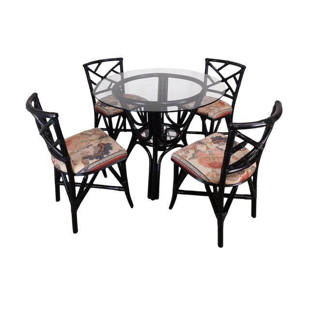 Ficks Reed Vintage Black Rattan Round Glass Dining Dinette Table