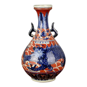 Chinese Vintage Ceramic Vase,Ming Dynasty Xuande Marked Blue and White Red Drawing Porcelain Yuhuchun Vase Hand Painted Dragon Pattern
