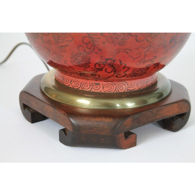 Vintage Frederick Cooper Asian Style Dark Red Ceramic and Wood Table Lamp W/ Floral Motif For Sale - Image 10 of 13