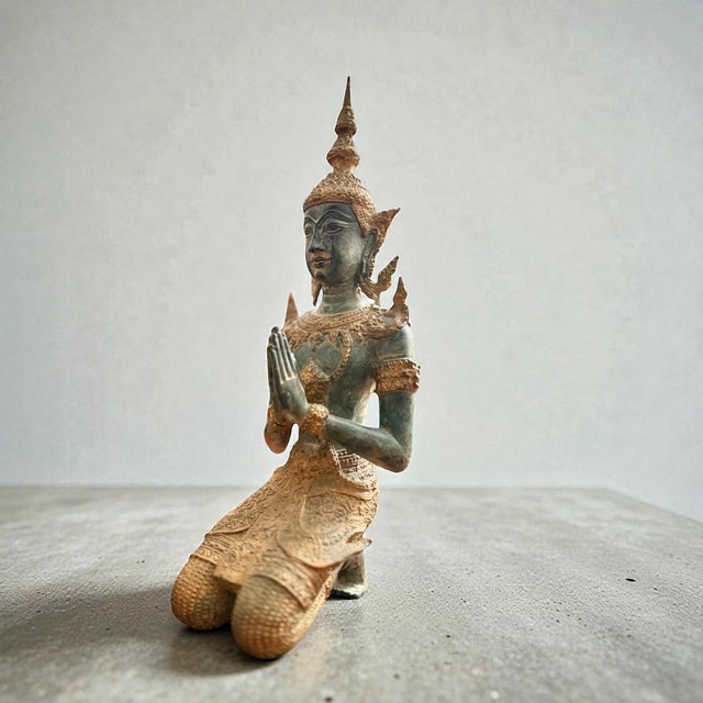Vintage southeast asian kneeling devata sculpture | patinated metal | late 20th century decorative kneeling devata...