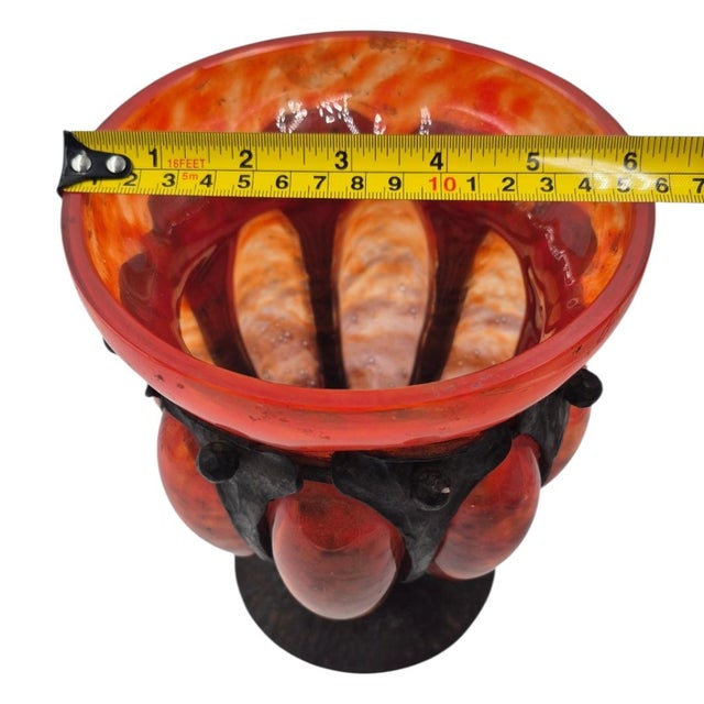 Orange 1920s Art Deco Charles Schneider Mottled Art Glass Compote in Wrought Iron Mount - 8" For Sale - Image 8 of 10