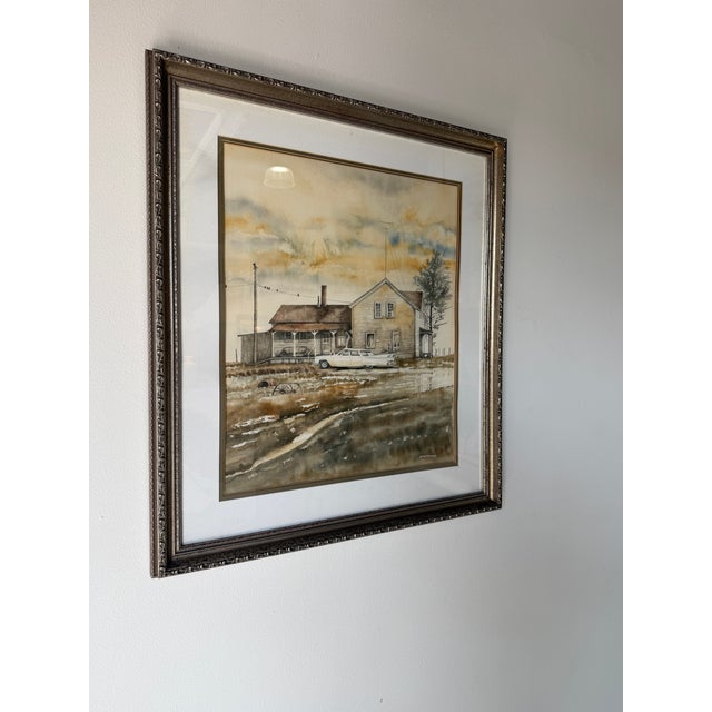 Farmhouse 1970s Jamie McElhiney Original Farmhouse Landscape Watercolor Painting, Framed For Sale - Image 3 of 12