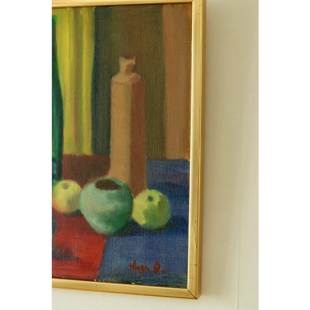 Mid-Century Original Swedish Oil on Canvas "Still Life Bottles and Apples" – Hugo Olson – Vintage & Framed, 36 x 44 cm /...