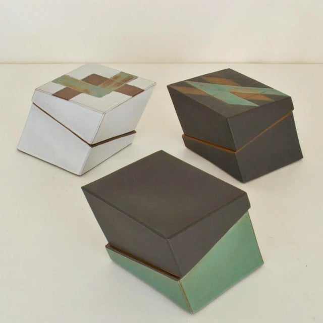 Sage Green, Black & White Studio Pottery Boxes, Set of 3 For Sale - Image 9 of 11