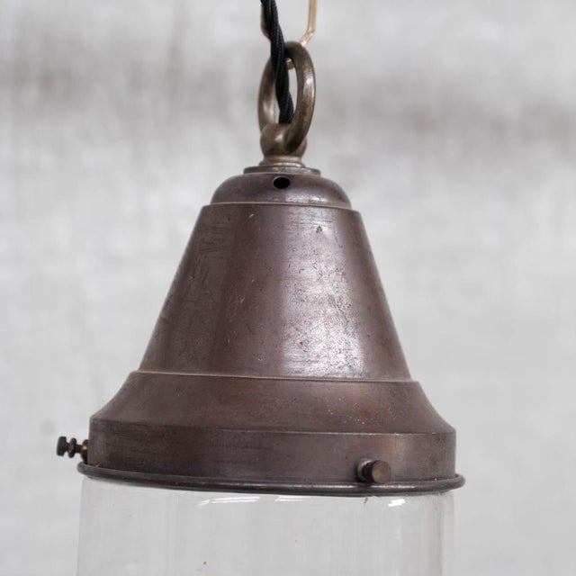 Small Industrial Brass and Clear Glass Pendant Lamps, 1930s, Set of 2 For Sale - Image 6 of 9