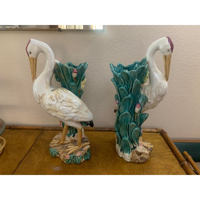 Early 19th Century Large Majolica Bird Stork, Heron or Crane Vases