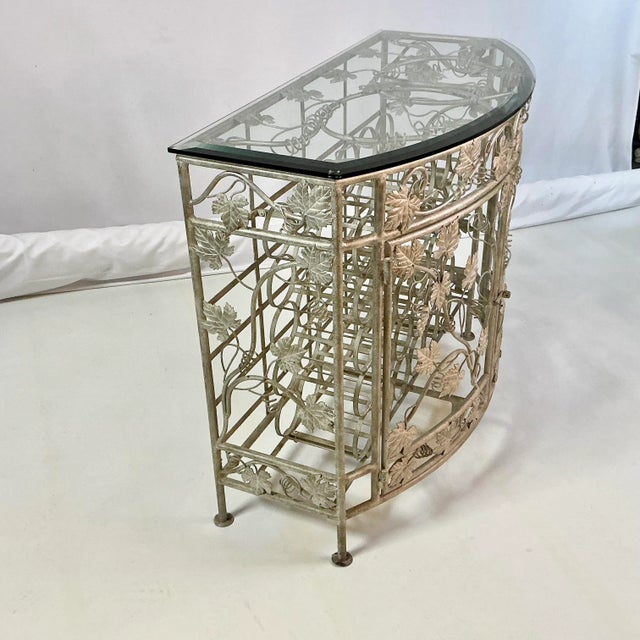 Vintage Maitland-Smith Hollywood Regency Silver Leaf Wine Rack Console Table - 30 Wells, Demi-Lune Design, Attributed For Sale - Image 12 of 16